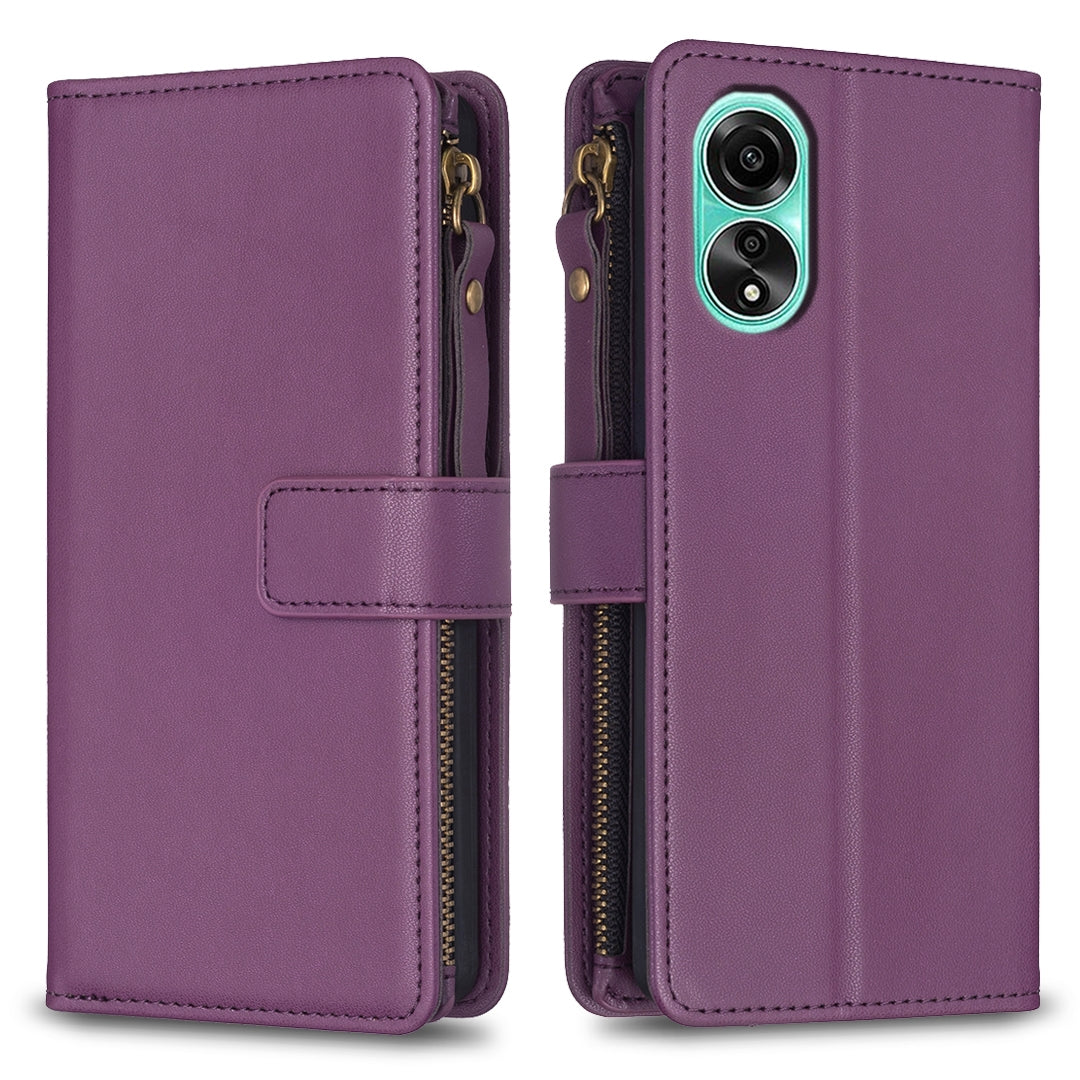 OPPO A78 4G Leather Flip Phone Case with 9 Card Slots, Zipper Wallet & Detachable Wristlet Strap
