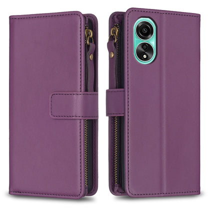 OPPO A78 4G Leather Flip Phone Case with 9 Card Slots, Zipper Wallet & Detachable Wristlet Strap