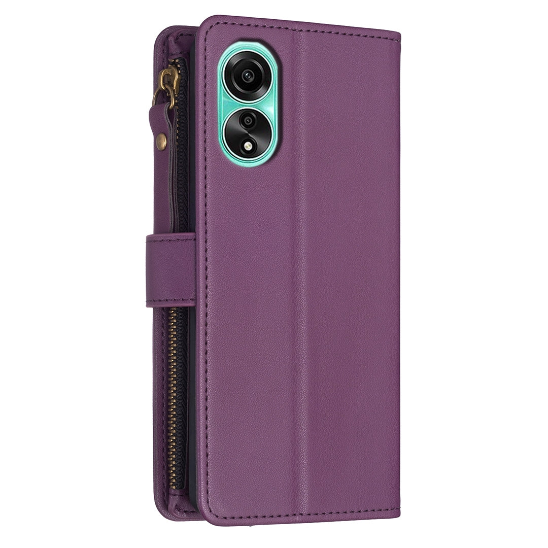 OPPO A78 4G Leather Flip Phone Case with 9 Card Slots, Zipper Wallet & Detachable Wristlet Strap