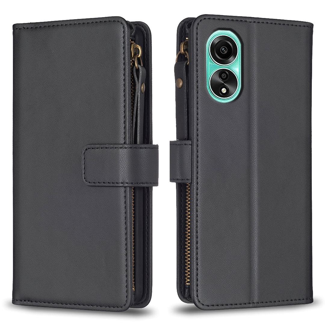 OPPO A78 4G Leather Flip Phone Case with 9 Card Slots, Zipper Wallet & Detachable Wristlet Strap