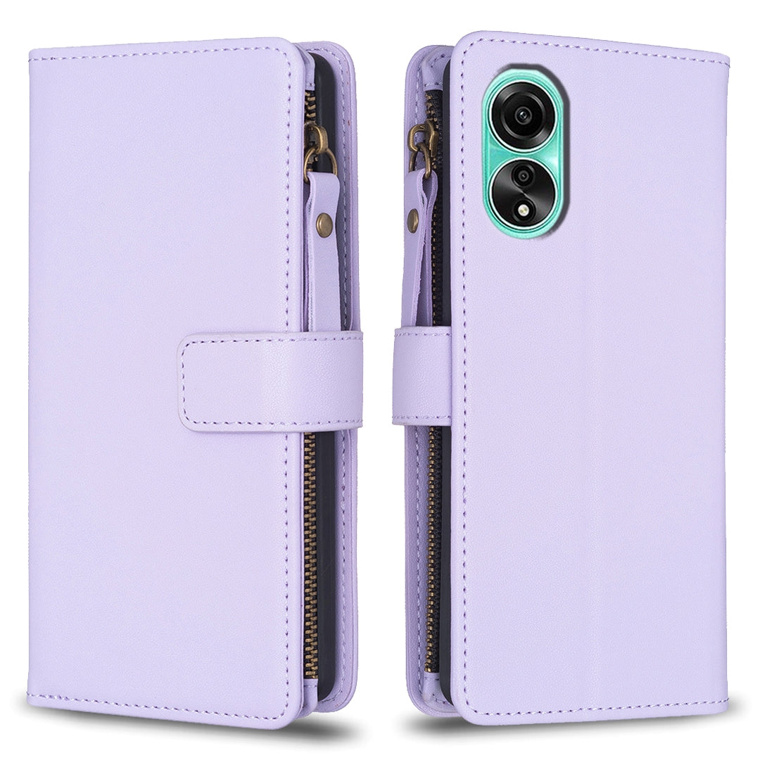 OPPO A78 4G Leather Flip Phone Case with 9 Card Slots, Zipper Wallet & Detachable Wristlet Strap