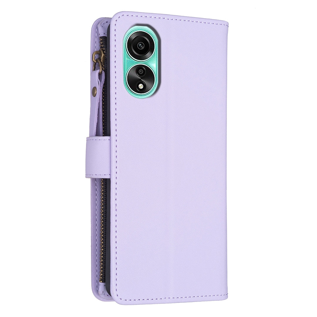 OPPO A78 4G Leather Flip Phone Case with 9 Card Slots, Zipper Wallet & Detachable Wristlet Strap