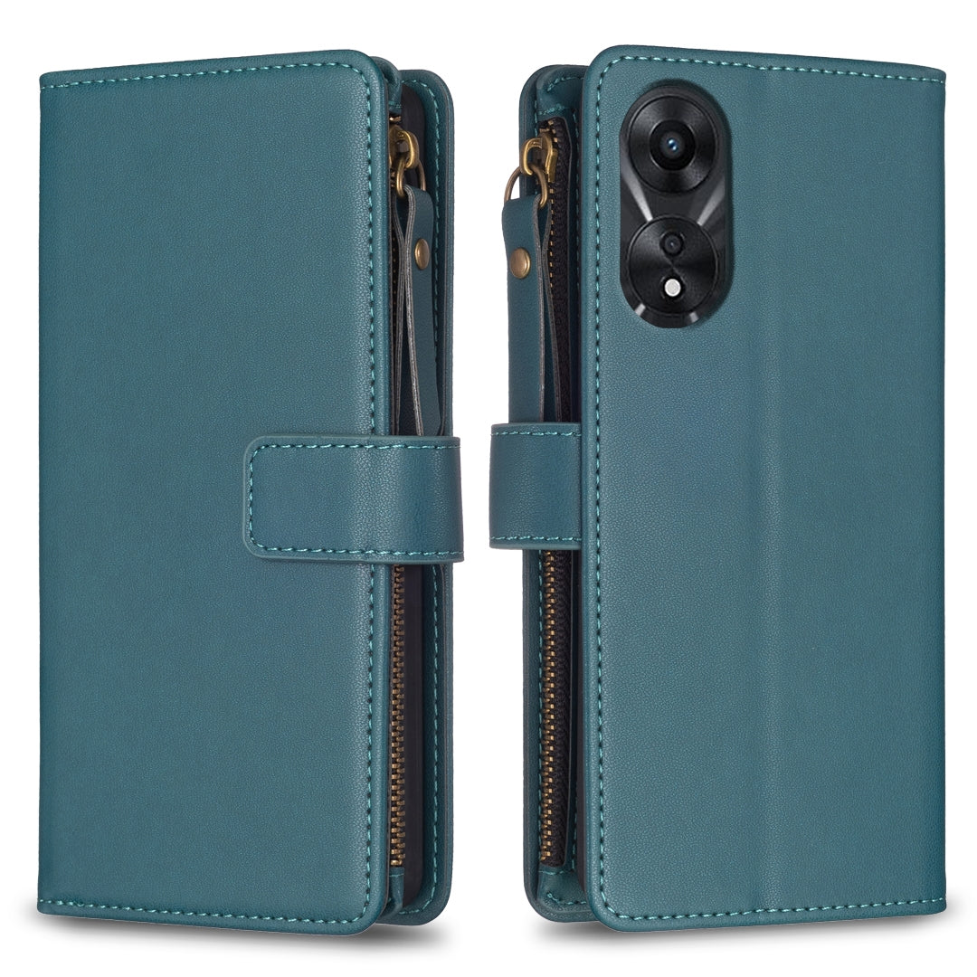 OPPO A78 5G Leather Flip Phone Case with 9 Card Slots, Zipper Wallet & Detachable Wristlet Strap