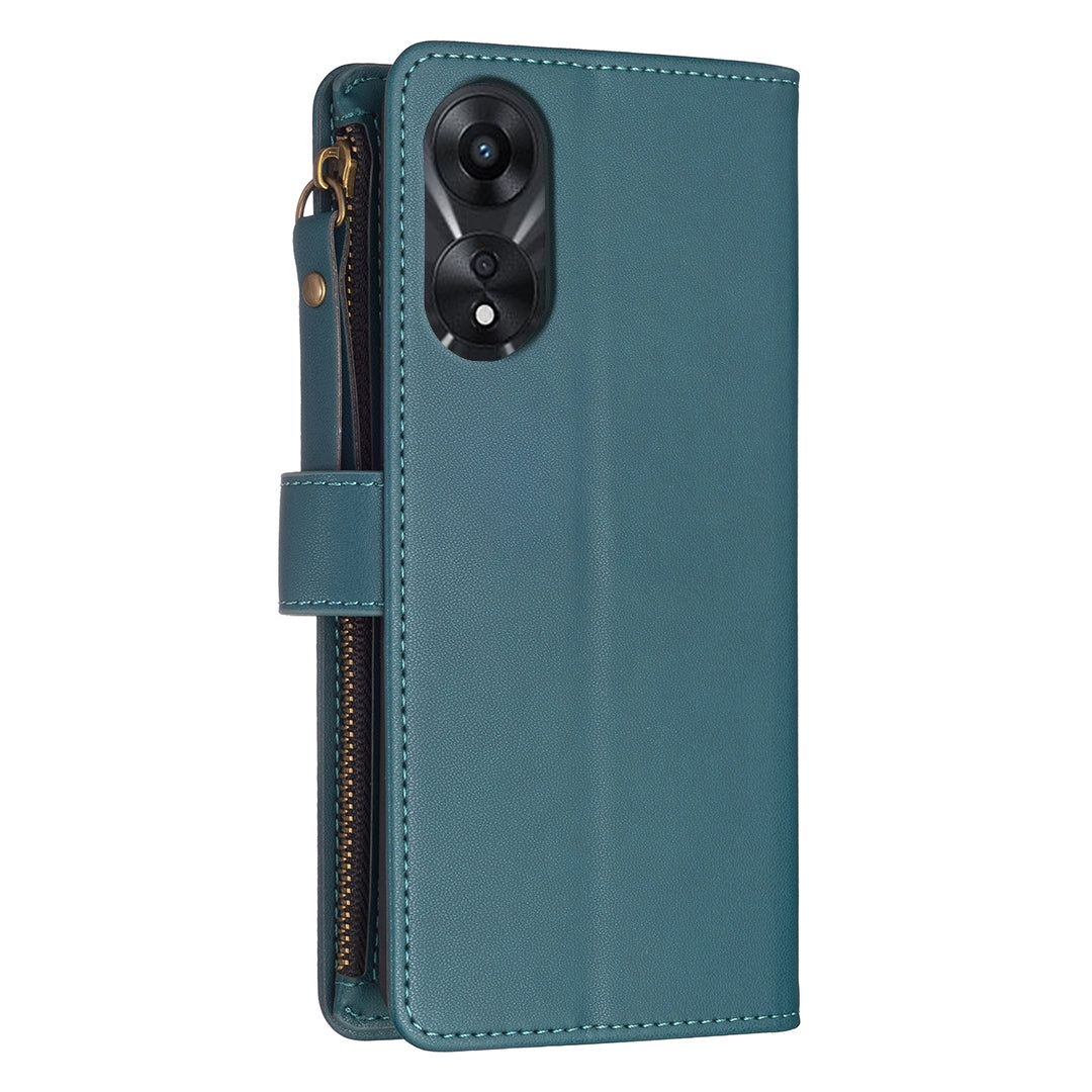 OPPO A78 5G Leather Flip Phone Case with 9 Card Slots, Zipper Wallet & Detachable Wristlet Strap