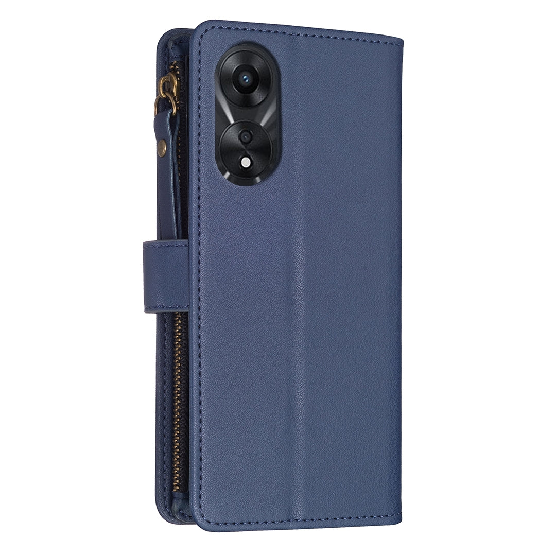 OPPO A78 5G Leather Flip Phone Case with 9 Card Slots, Zipper Wallet & Detachable Wristlet Strap