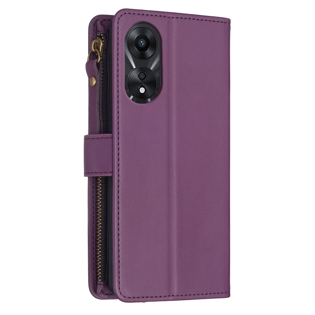 OPPO A78 5G Leather Flip Phone Case with 9 Card Slots, Zipper Wallet & Detachable Wristlet Strap