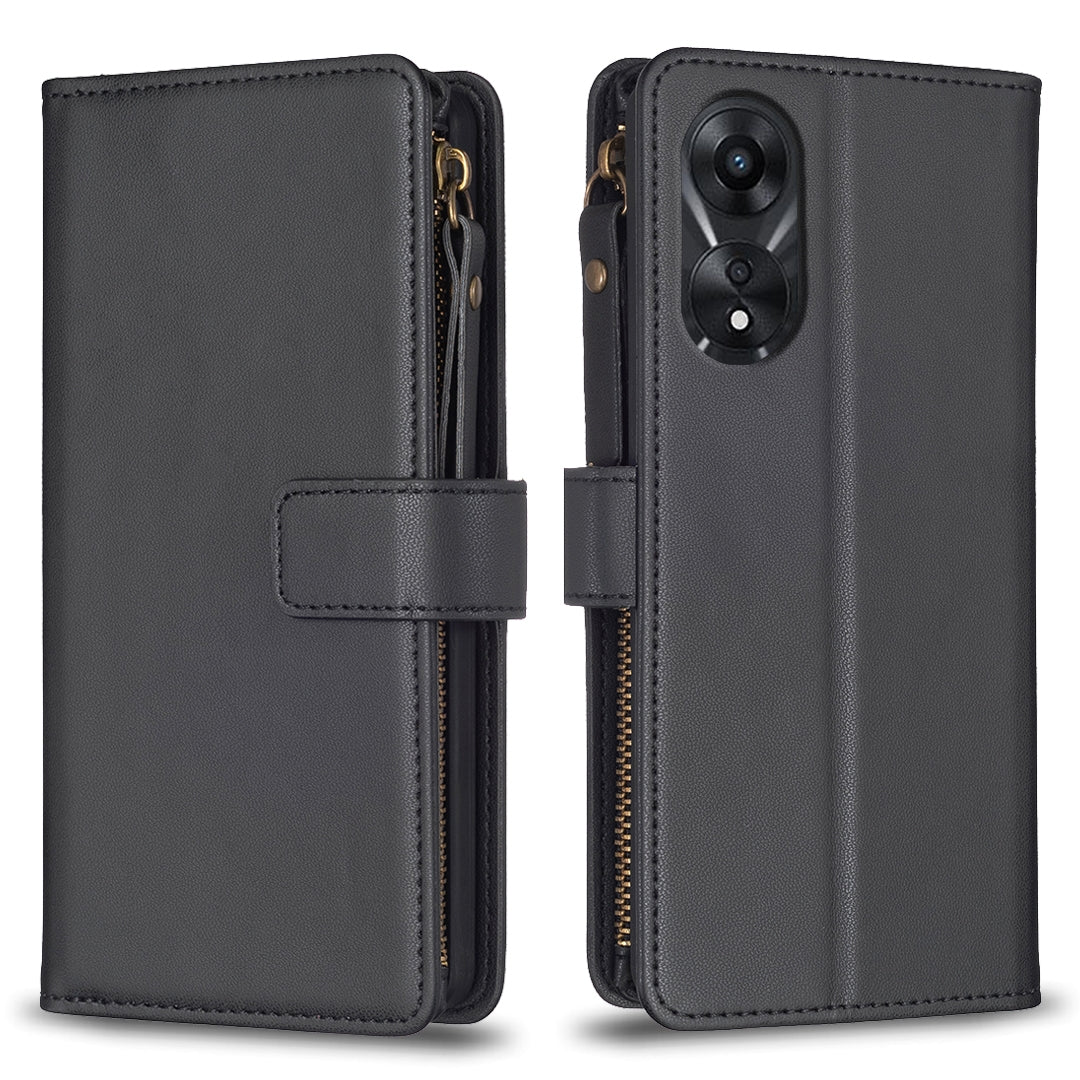 OPPO A78 5G Leather Flip Phone Case with 9 Card Slots, Zipper Wallet & Detachable Wristlet Strap
