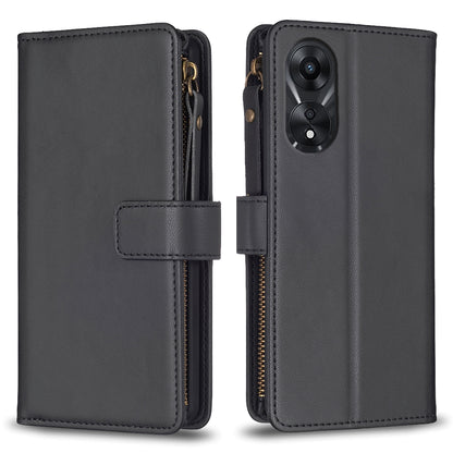 OPPO A78 5G Leather Flip Phone Case with 9 Card Slots, Zipper Wallet & Detachable Wristlet Strap