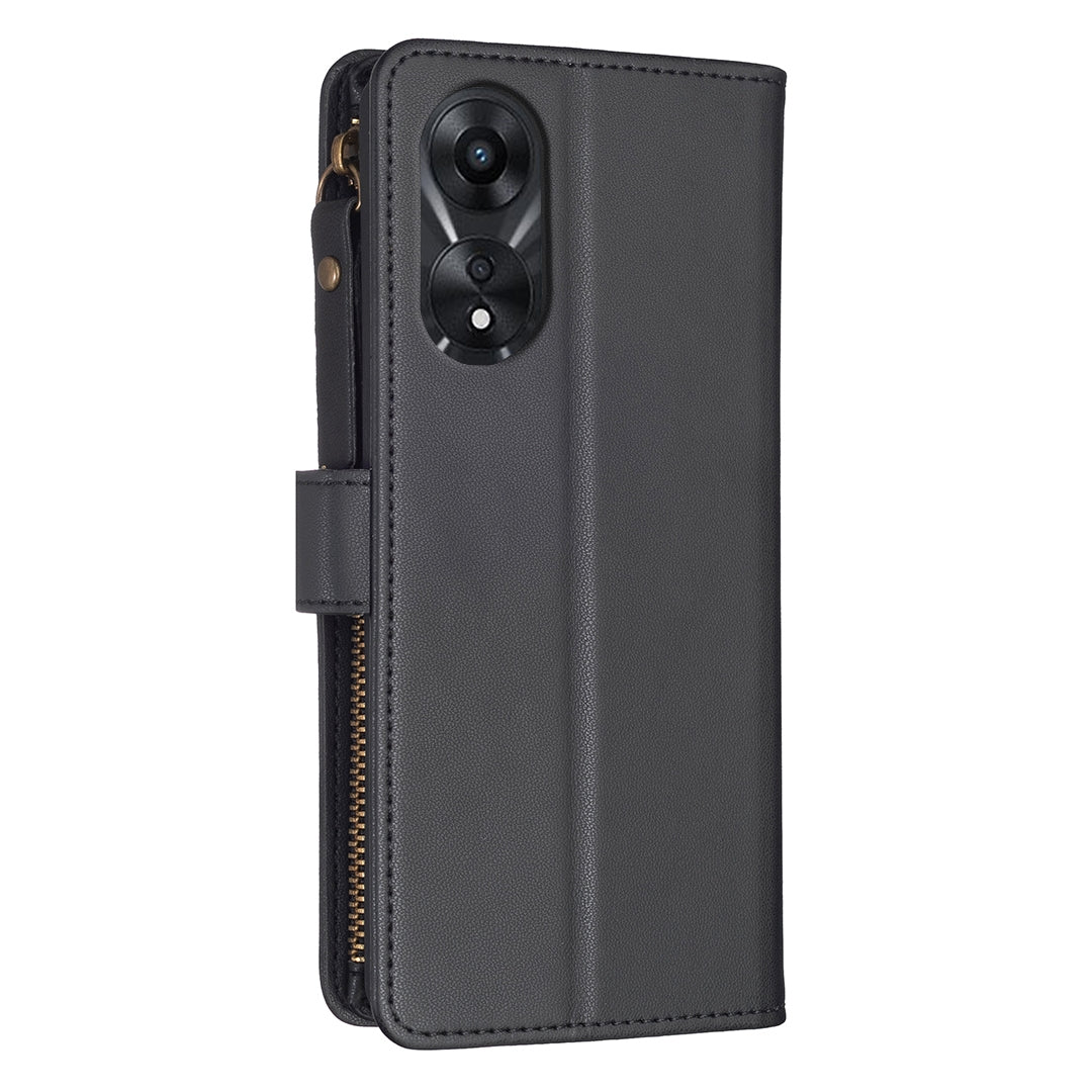 OPPO A78 5G Leather Flip Phone Case with 9 Card Slots, Zipper Wallet & Detachable Wristlet Strap