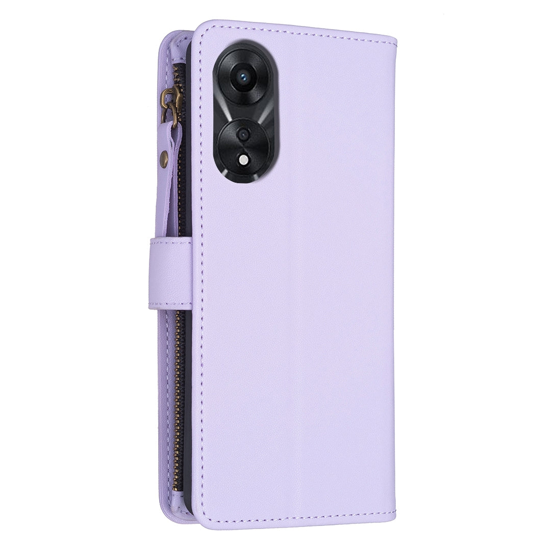 OPPO A78 5G Leather Flip Phone Case with 9 Card Slots, Zipper Wallet & Detachable Wristlet Strap