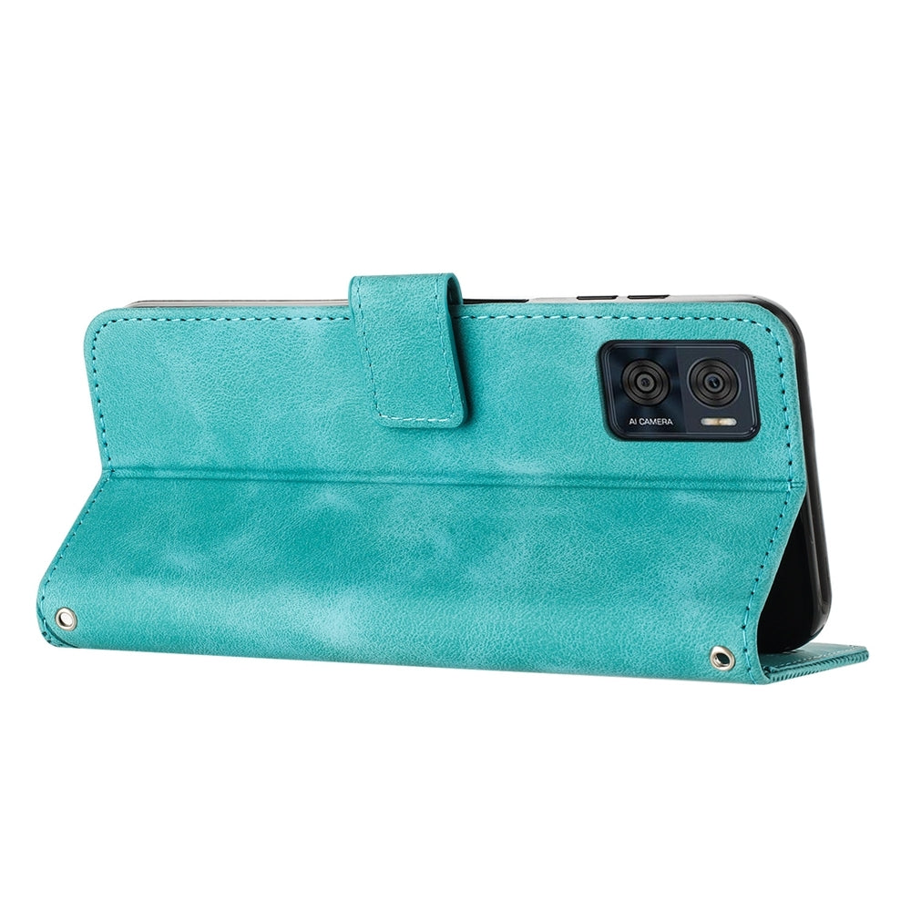 Motorola Moto E22i Dream Triangle Leather Wallet Phone Case with Lanyard, Card Slot, Cash Compartment, Foldable Kickstand, Shockproof PU TPU Protective Cover