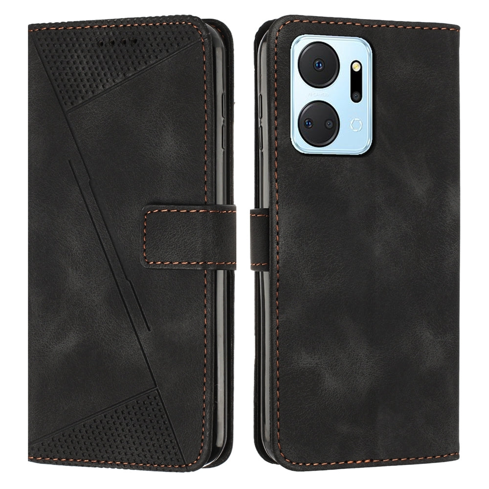 Honor X7a Dream Triangle Leather Wallet Phone Case with Lanyard, Card Slot, Cash Compartment, Foldable Kickstand, Shockproof PU TPU Protective Cover