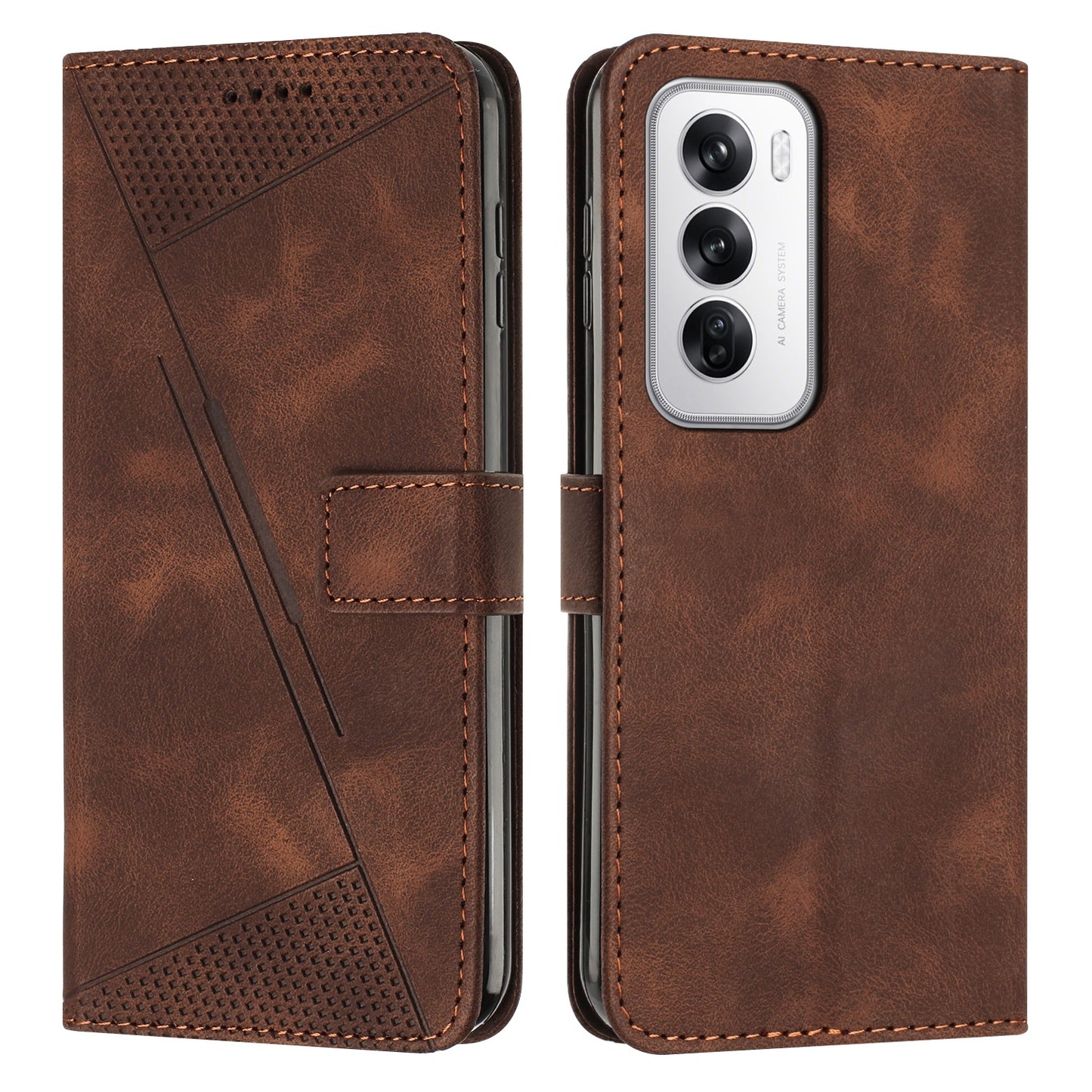 OPPO Reno12 5G Dream Triangle Leather Wallet Phone Case with Lanyard, Card Slot, Cash Compartment, Foldable Kickstand, Shockproof PU TPU Protective Cover