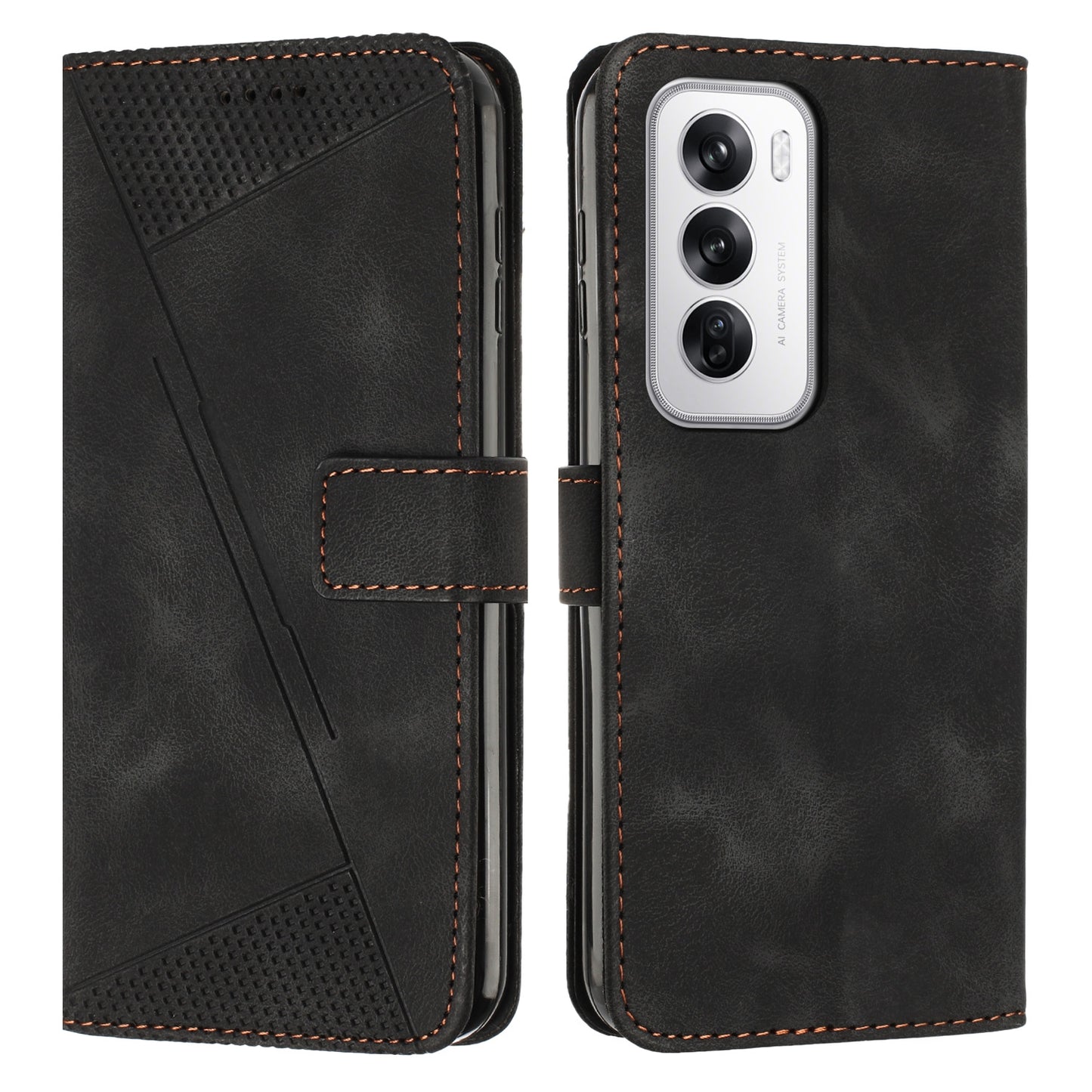 OPPO Reno12 5G Dream Triangle Leather Wallet Phone Case with Lanyard, Card Slot, Cash Compartment, Foldable Kickstand, Shockproof PU TPU Protective Cover