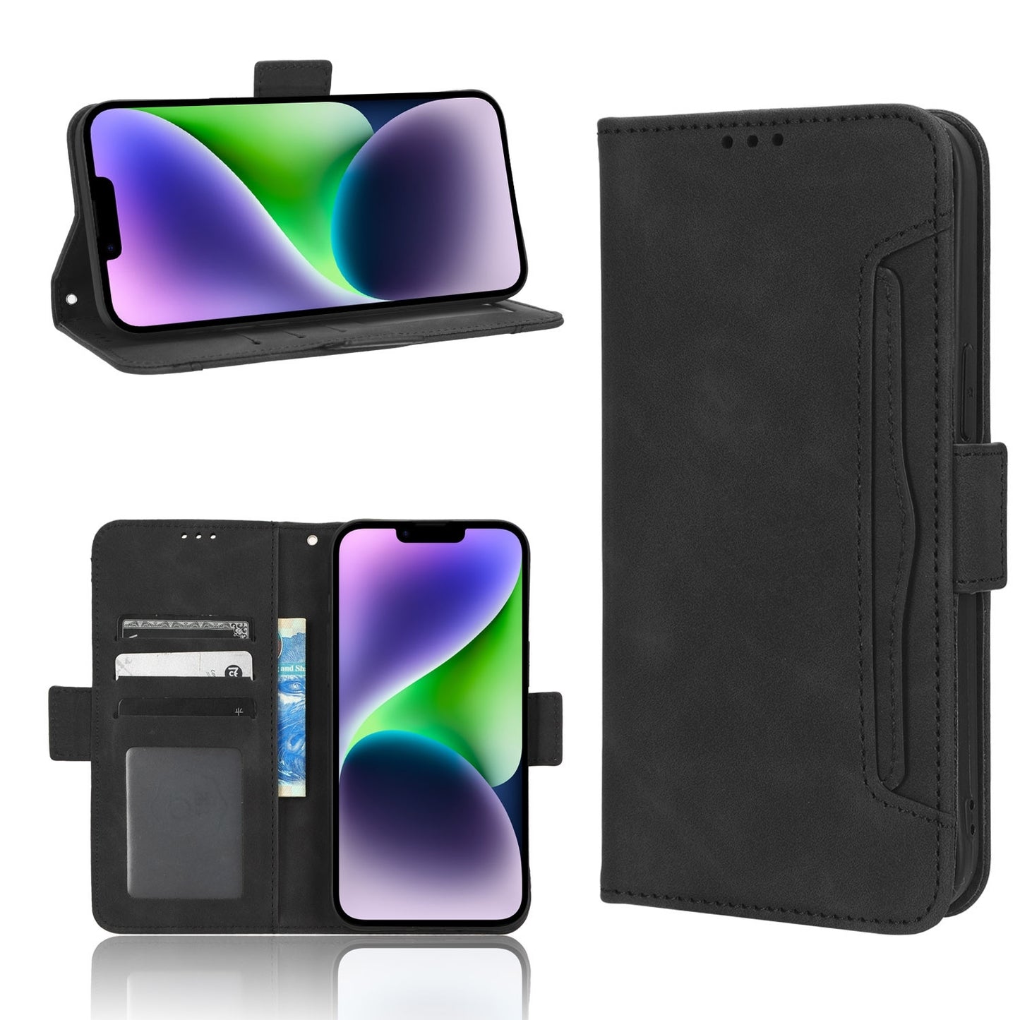 Apple iPhone 15 Pro Skin Feel PU Leather Wallet Phone Case with Card Slots, Cash Pocket, Magnetic Closure, Built-In Stand, Full Protection TPU Cover