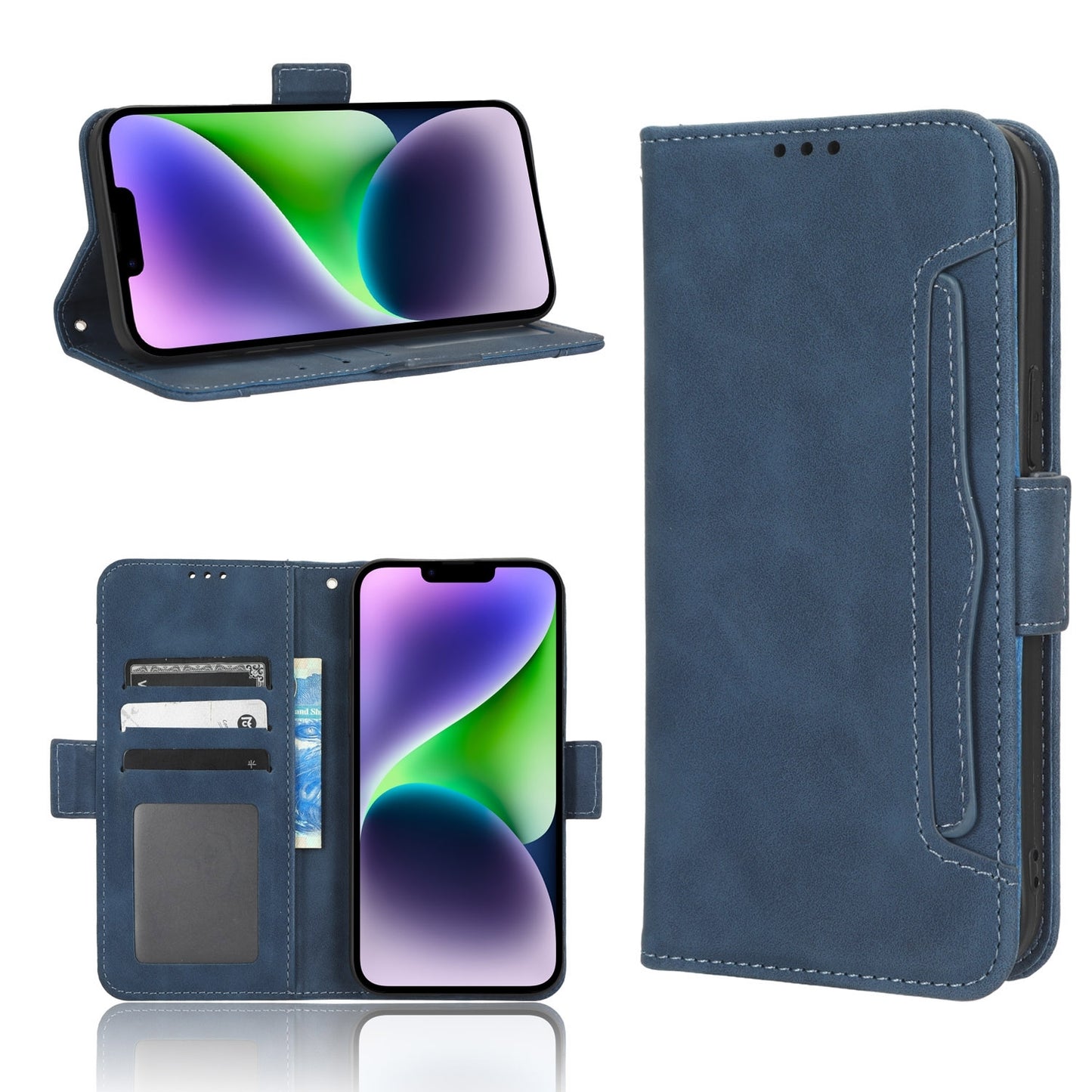 Apple iPhone 15 Pro Skin Feel PU Leather Wallet Phone Case with Card Slots, Cash Pocket, Magnetic Closure, Built-In Stand, Full Protection TPU Cover