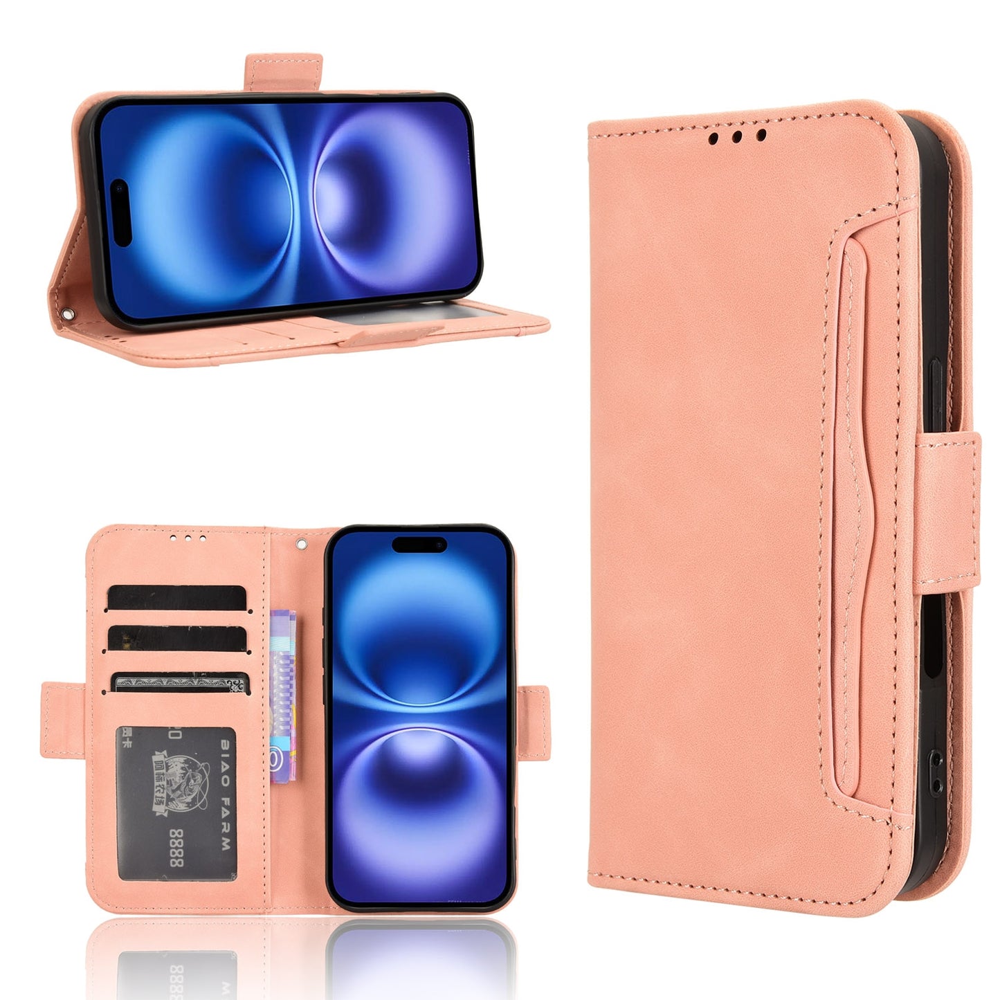 Apple iPhone 16 Skin Feel PU Leather Wallet Phone Case with Card Slots, Cash Pocket, Magnetic Closure, Built-In Stand, Full Protection TPU Cover
