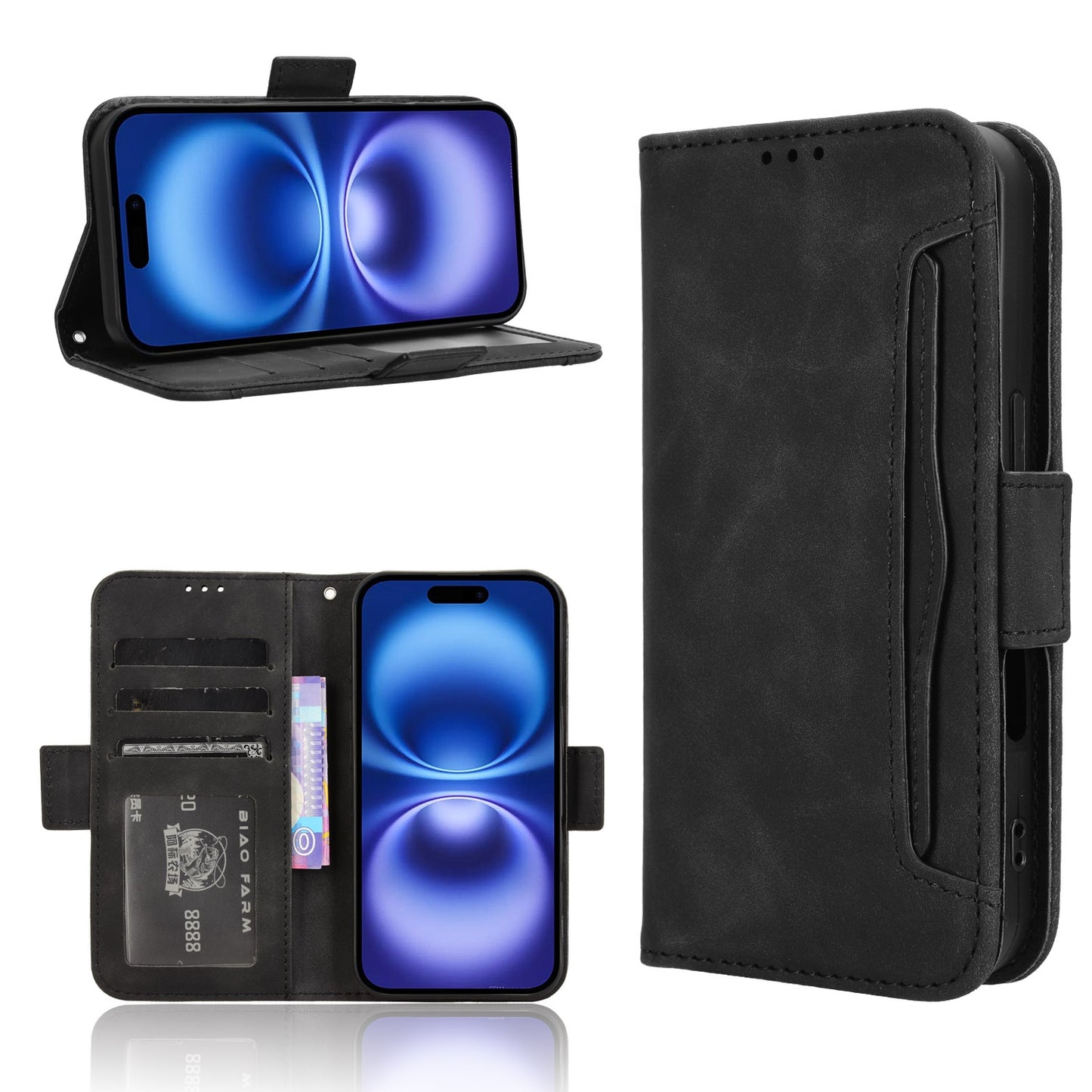 Apple iPhone 16 Skin Feel PU Leather Wallet Phone Case with Card Slots, Cash Pocket, Magnetic Closure, Built-In Stand, Full Protection TPU Cover