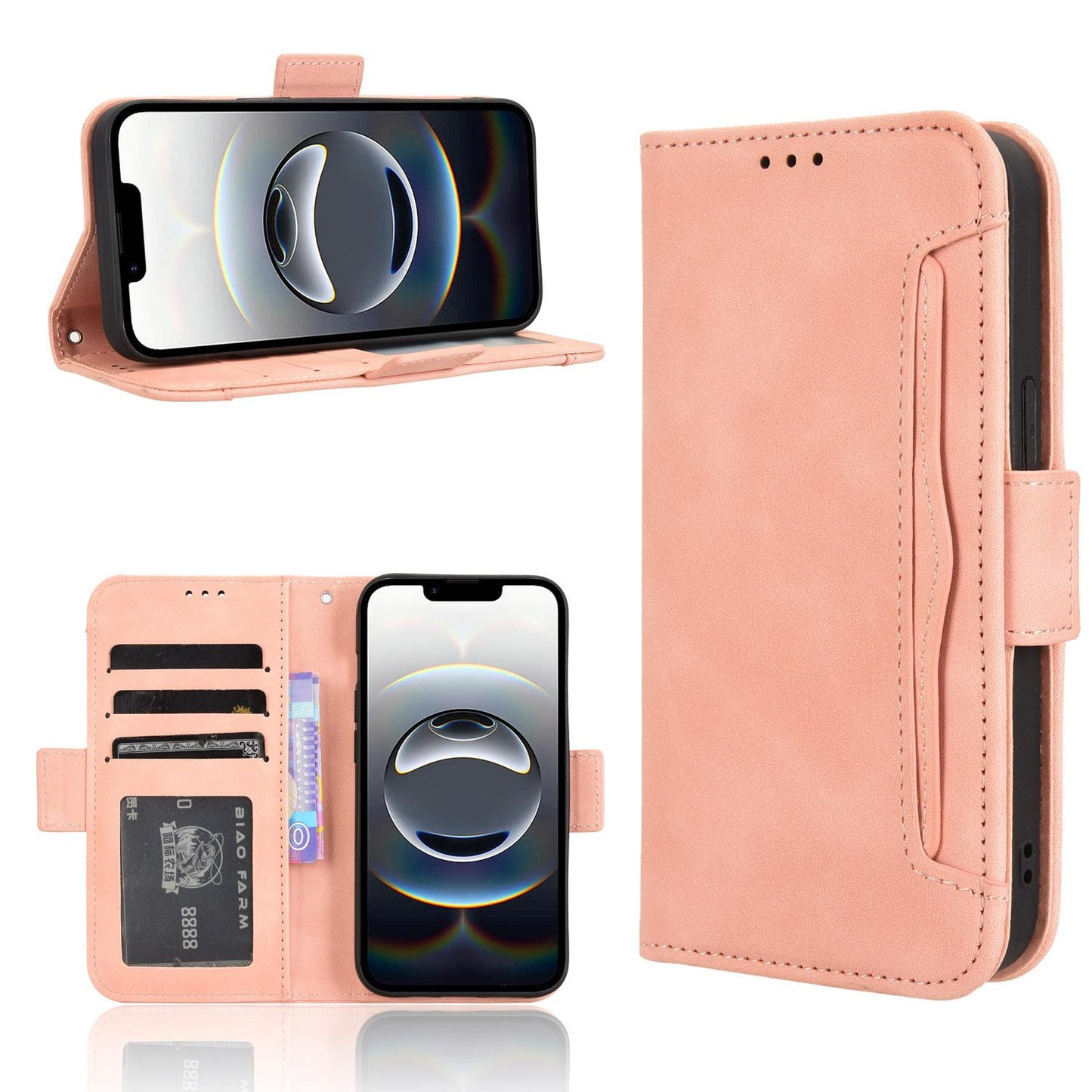 Apple iPhone 17e Skin Feel PU Leather Wallet Phone Case with Card Slots, Cash Pocket, Magnetic Closure, Built-In Stand, Full Protection TPU Cover