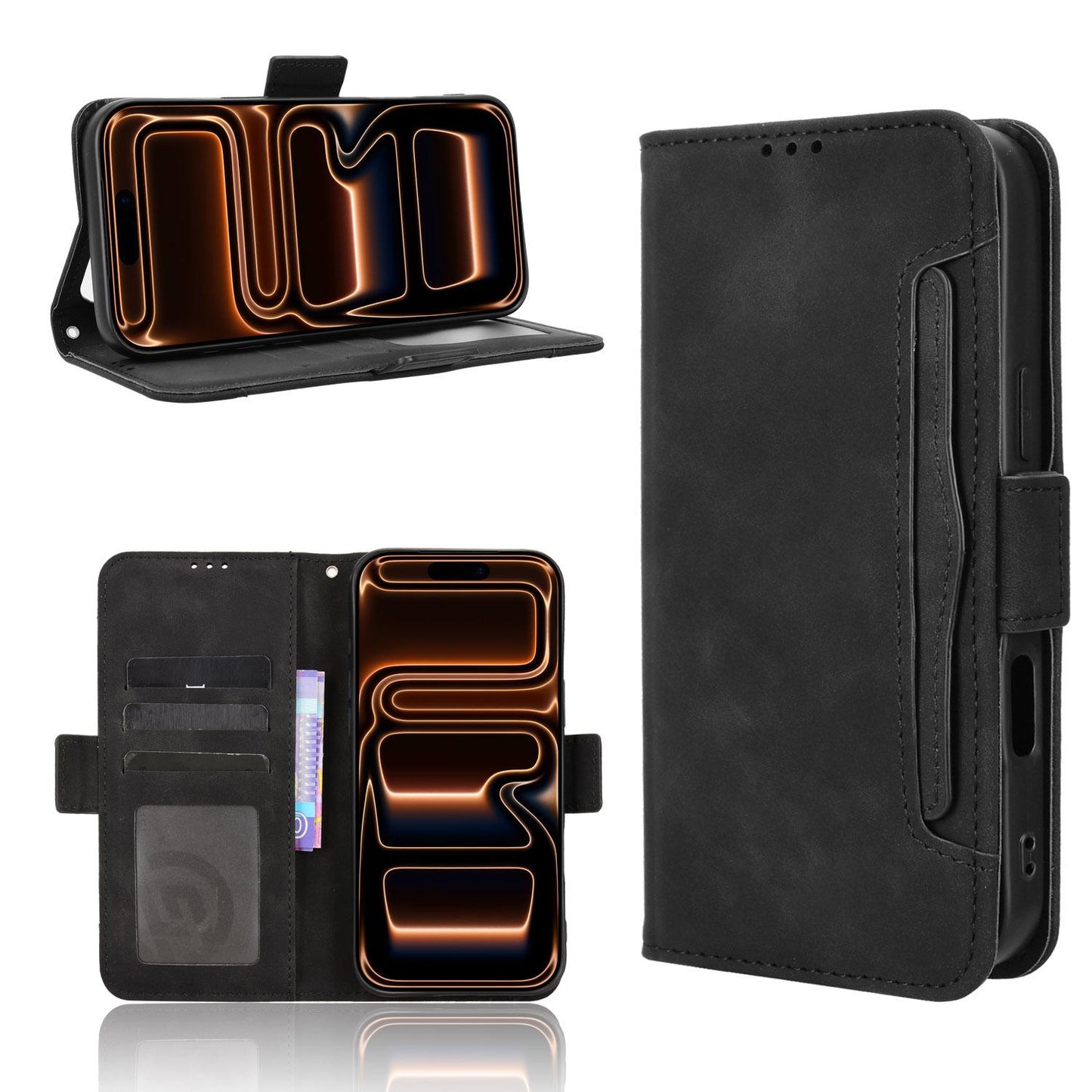 Apple iPhone 17 Pro Max Skin Feel PU Leather Wallet Phone Case with Card Slots, Cash Pocket, Magnetic Closure, Built-In Stand, Full Protection TPU Cover