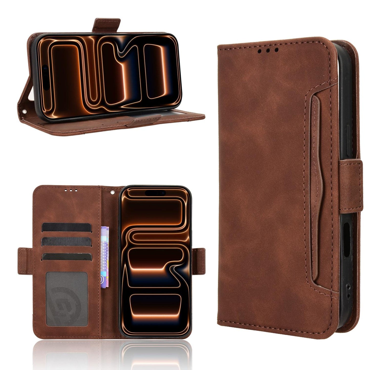 Apple iPhone 17 Pro Max Skin Feel PU Leather Wallet Phone Case with Card Slots, Cash Pocket, Magnetic Closure, Built-In Stand, Full Protection TPU Cover