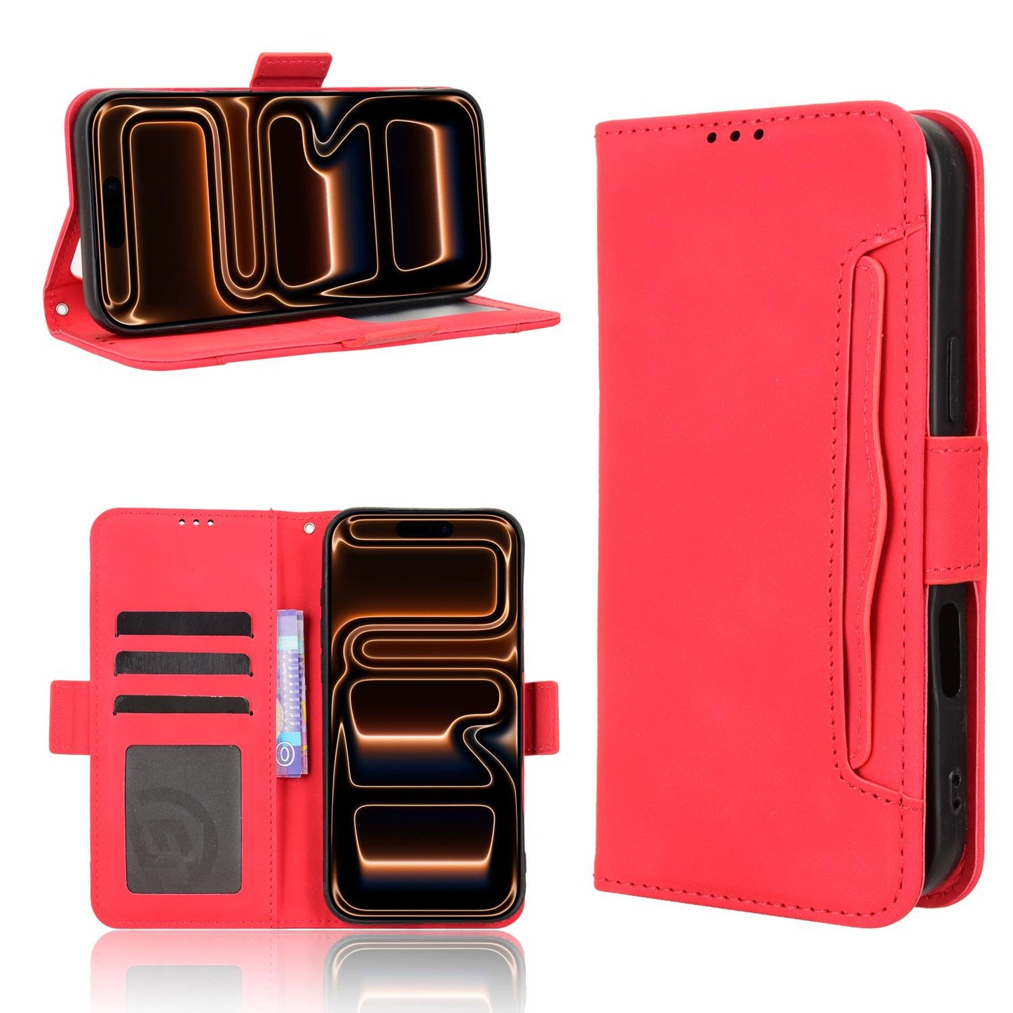 Apple iPhone 17 Pro Skin Feel PU Leather Wallet Phone Case with Card Slots, Cash Pocket, Magnetic Closure, Built-In Stand, Full Protection TPU Cover