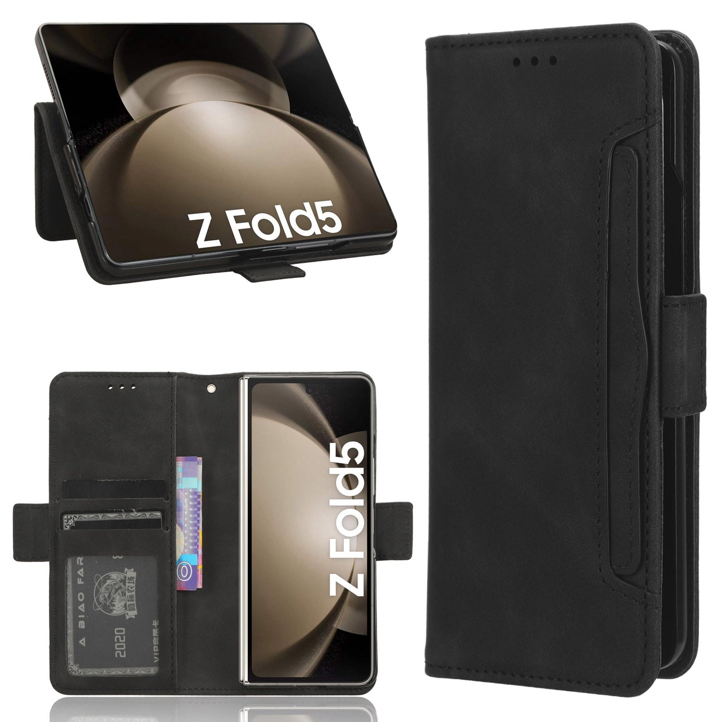 Samsung Galaxy Z Fold5 Skin Feel PU Leather Wallet Phone Case with Card Slots, Cash Pocket, Magnetic Closure, Built-In Stand, Full Protection TPU Cover
