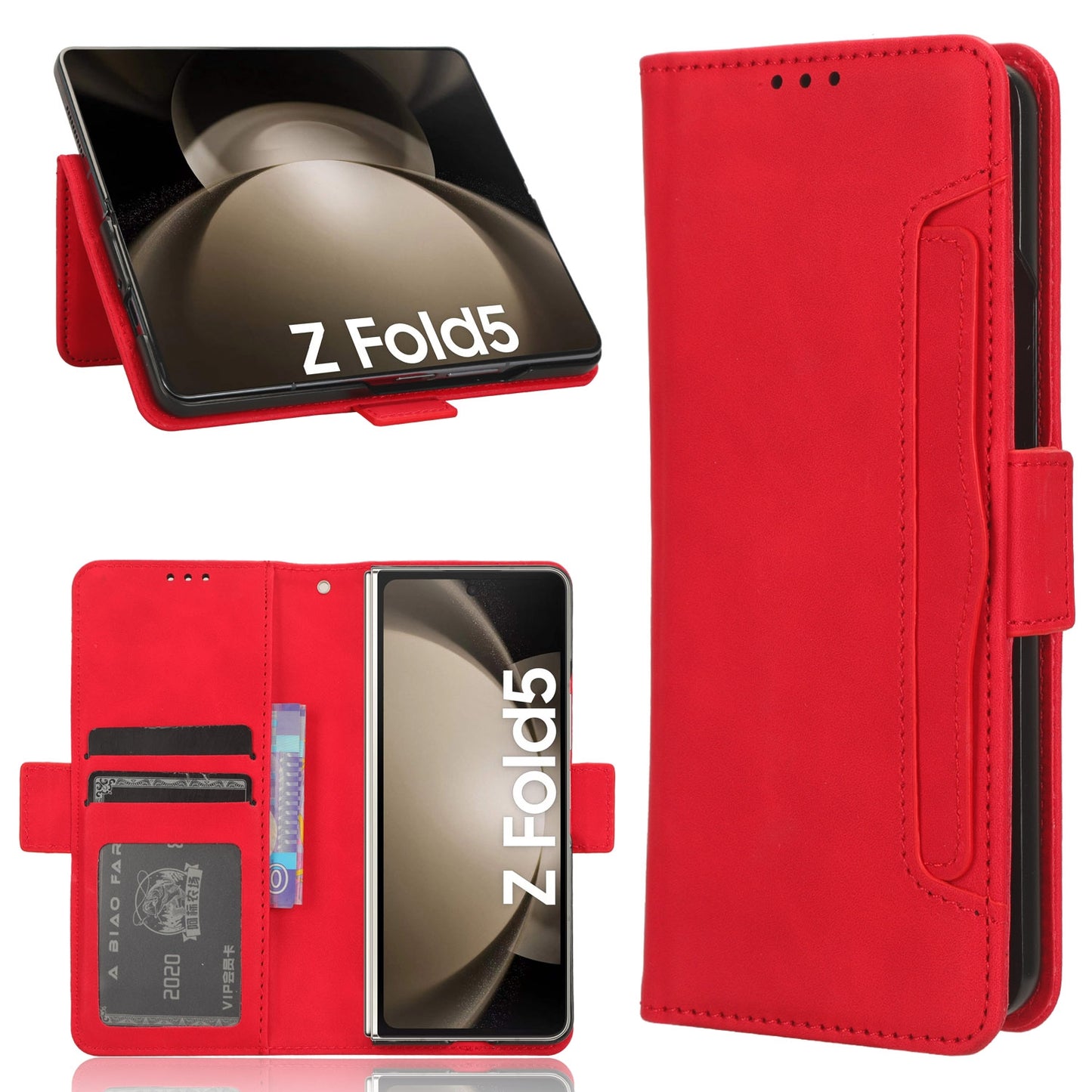 Samsung Galaxy Z Fold5 Skin Feel PU Leather Wallet Phone Case with Card Slots, Cash Pocket, Magnetic Closure, Built-In Stand, Full Protection TPU Cover