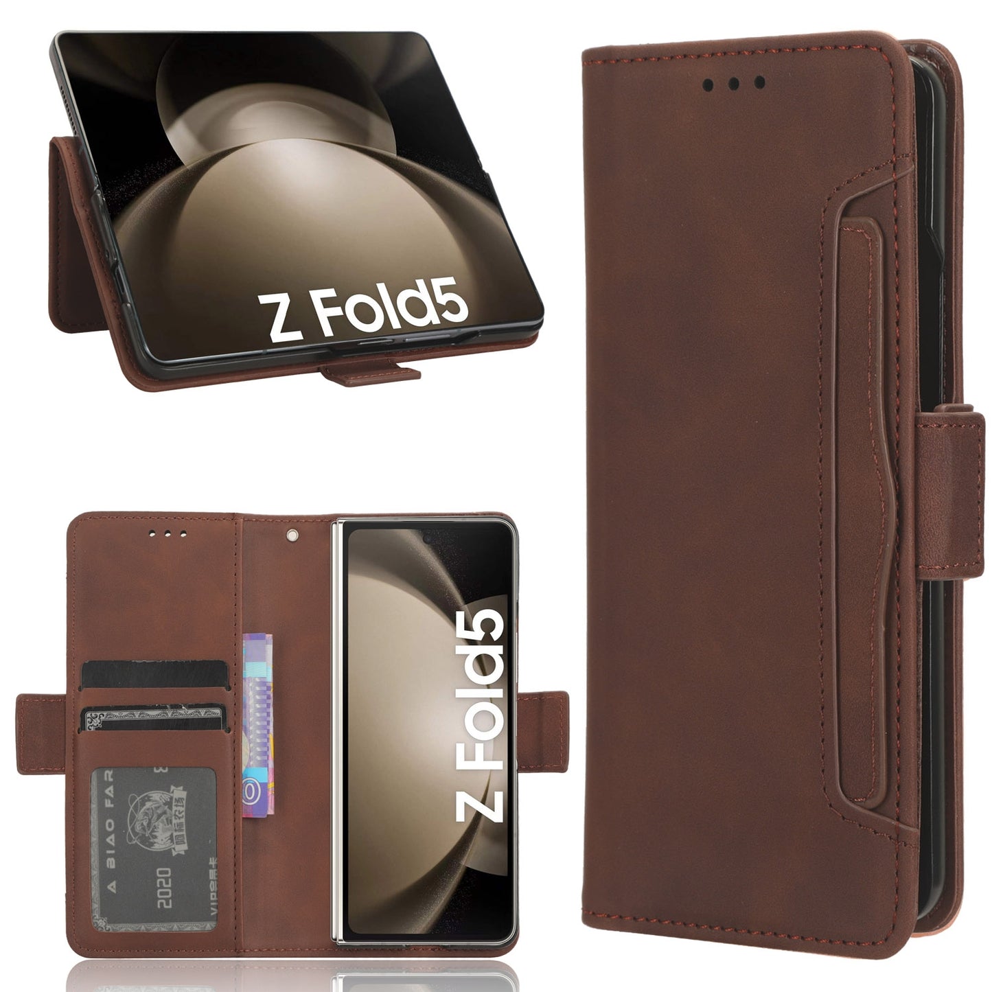 Samsung Galaxy Z Fold5 Skin Feel PU Leather Wallet Phone Case with Card Slots, Cash Pocket, Magnetic Closure, Built-In Stand, Full Protection TPU Cover