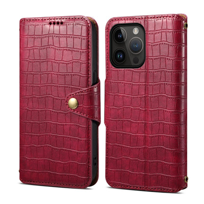 iPhone 15 Pro Denior Crocodile Texture Oil Edge Leather Phone Case with Card Wallet and Kickstand