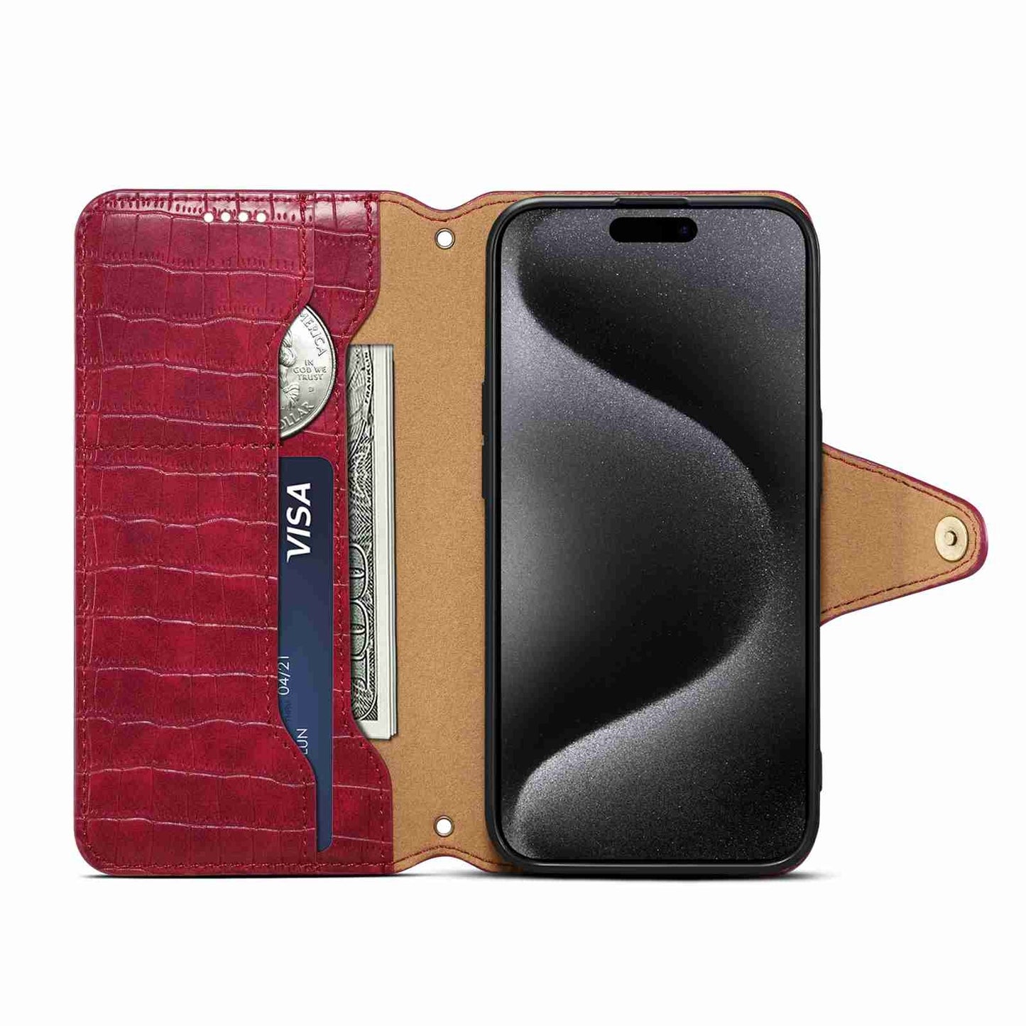 iPhone 15 Pro Denior Crocodile Texture Oil Edge Leather Phone Case with Card Wallet and Kickstand