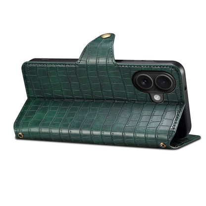 iPhone 16 Denior Crocodile Texture Oil Edge Leather Phone Case with Card Wallet and Kickstand