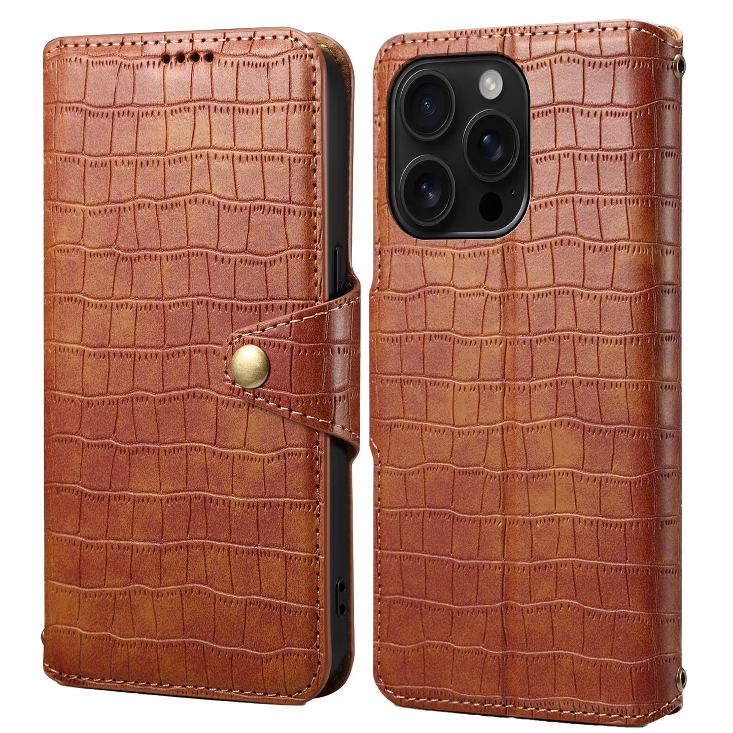 iPhone 16 Pro Denior Crocodile Texture Oil Edge Leather Phone Case with Card Wallet and Kickstand
