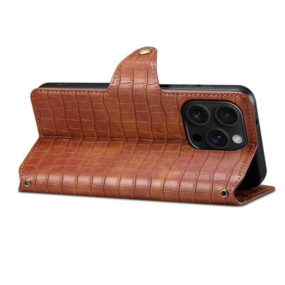iPhone 16 Pro Denior Crocodile Texture Oil Edge Leather Phone Case with Card Wallet and Kickstand