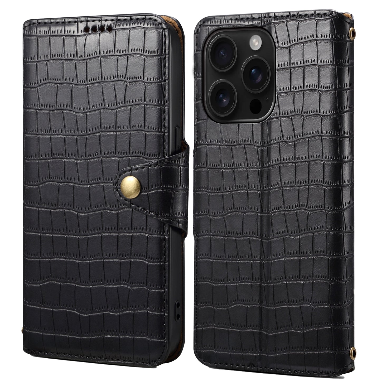 iPhone 16 Pro Denior Crocodile Texture Oil Edge Leather Phone Case with Card Wallet and Kickstand