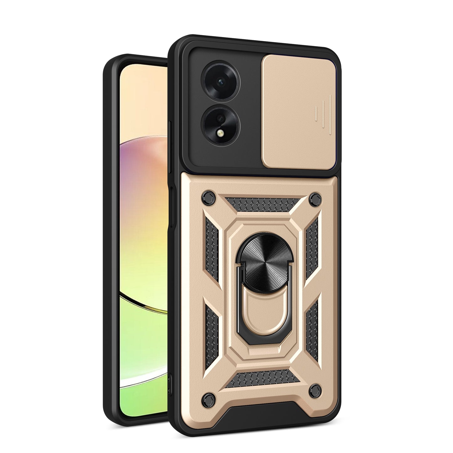 OPPO A38 4G Sliding Camera Cover Magnetic Ring Stand Shockproof TPU + PC Protective Phone Case
