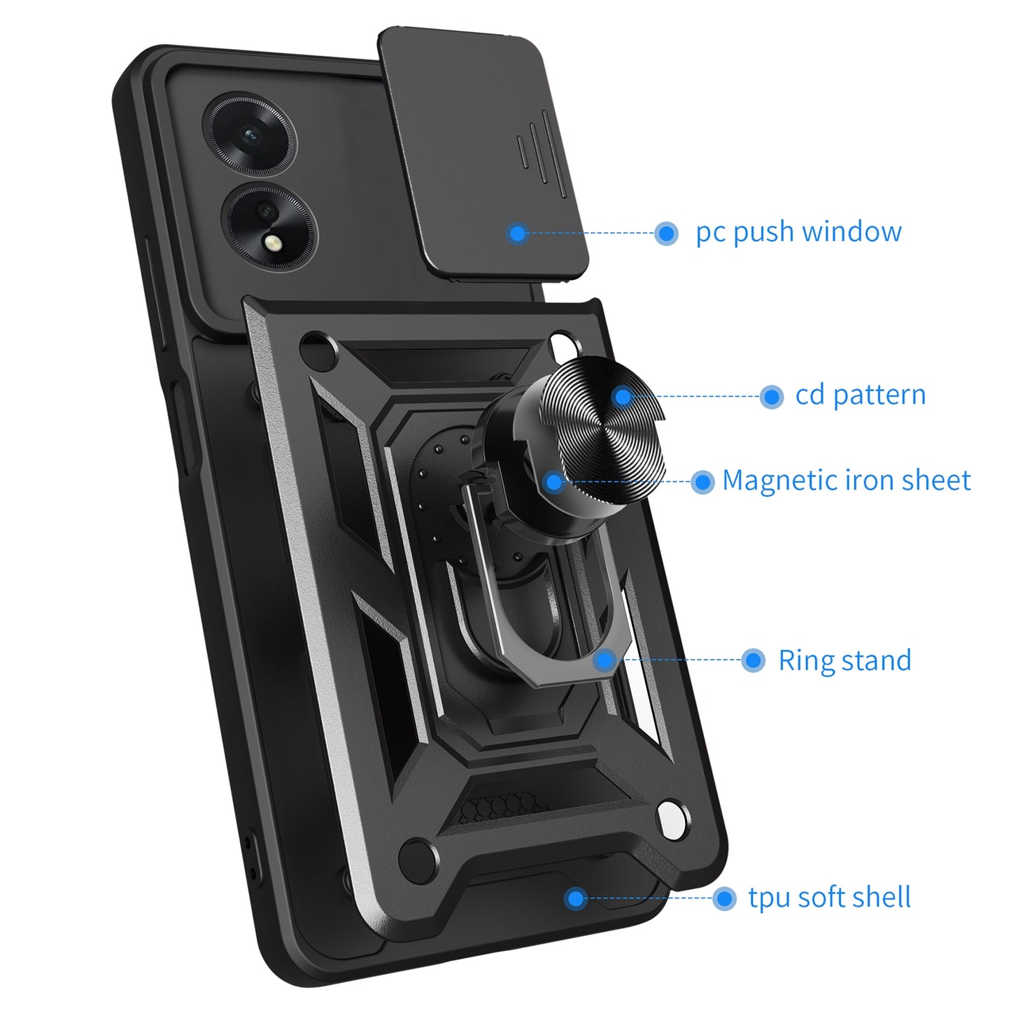 OPPO A38 4G Sliding Camera Cover Magnetic Ring Stand Shockproof TPU + PC Protective Phone Case