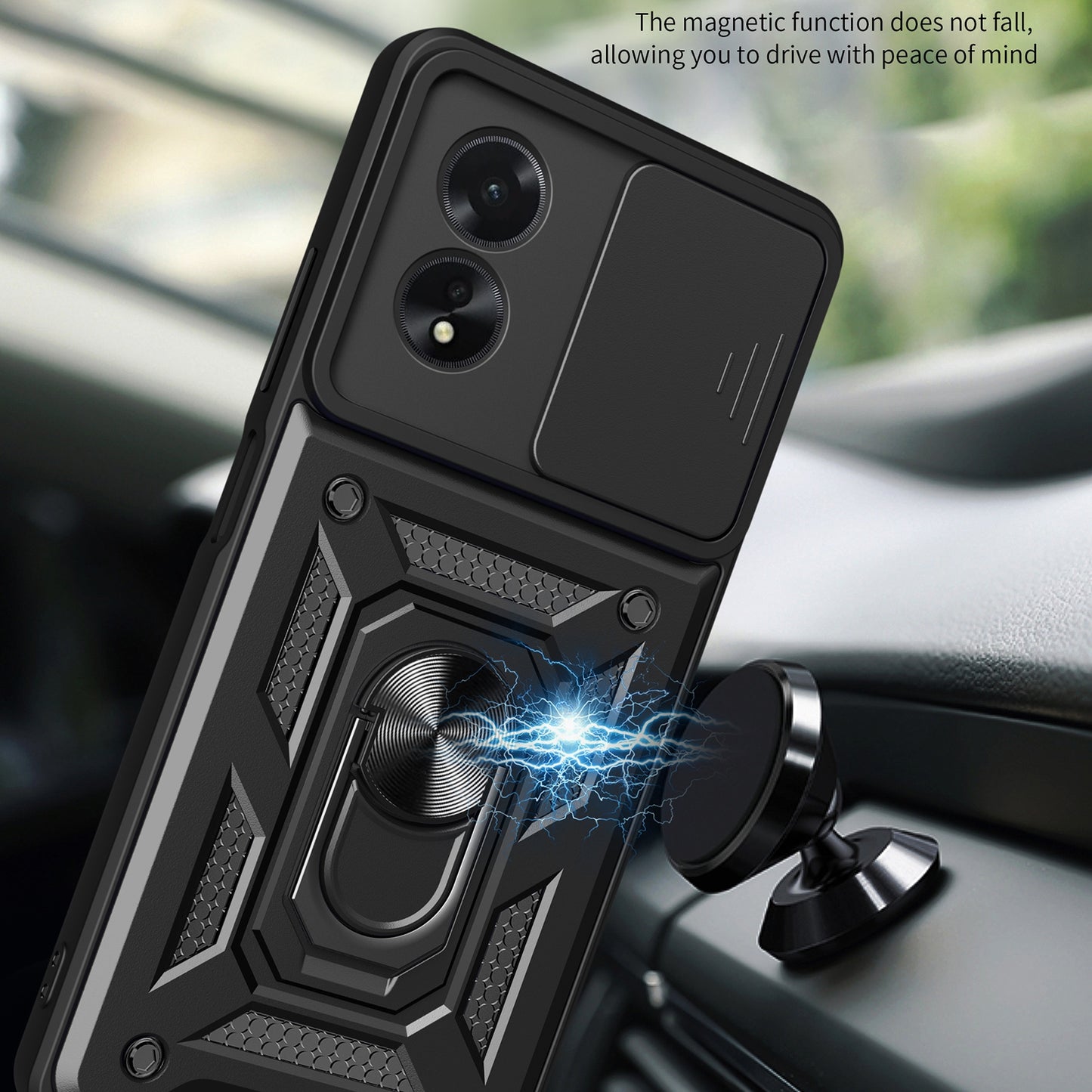 OPPO A38 4G Sliding Camera Cover Magnetic Ring Stand Shockproof TPU + PC Protective Phone Case