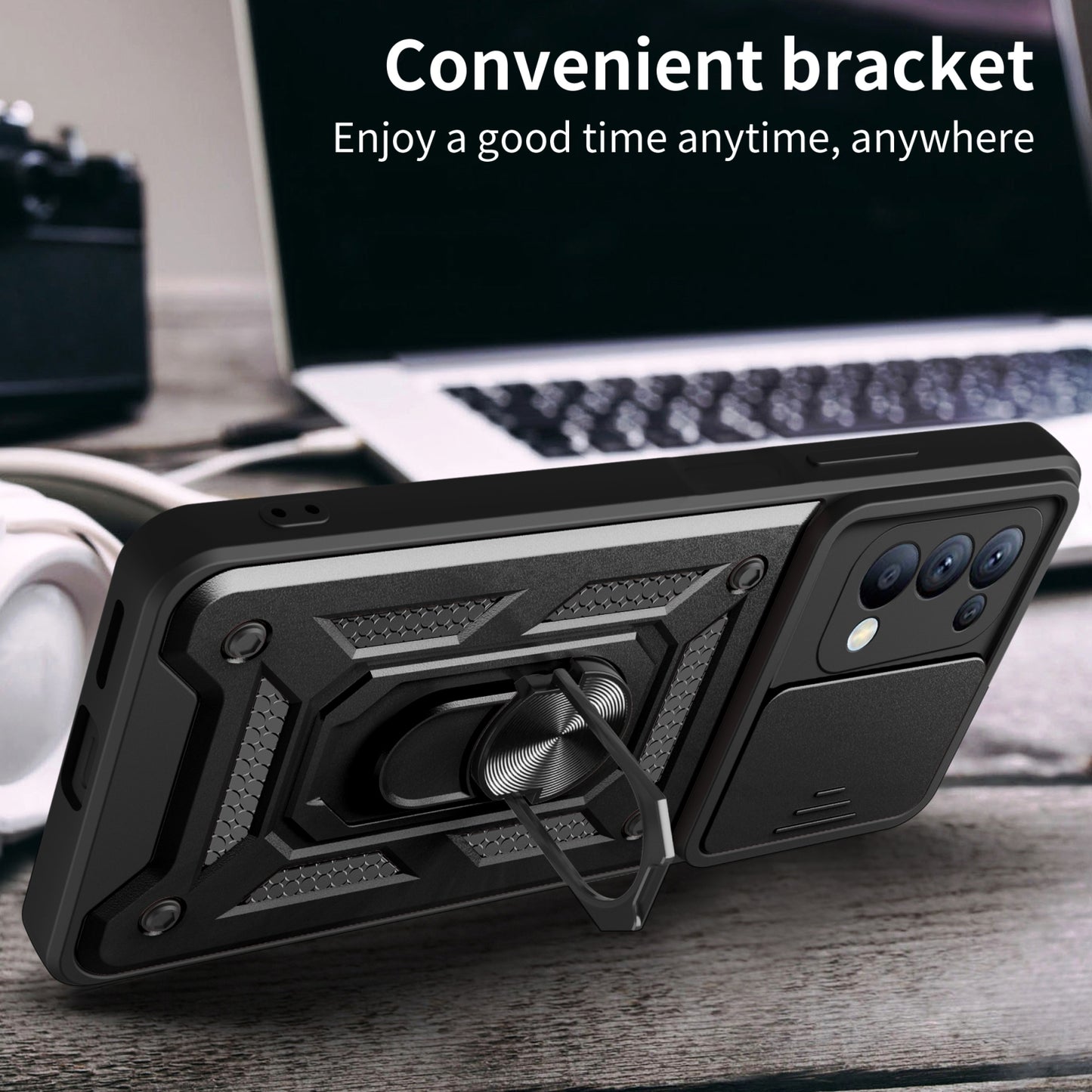 OPPO Reno5 4G Sliding Camera Cover Magnetic Ring Stand Shockproof TPU + PC Protective Phone Case