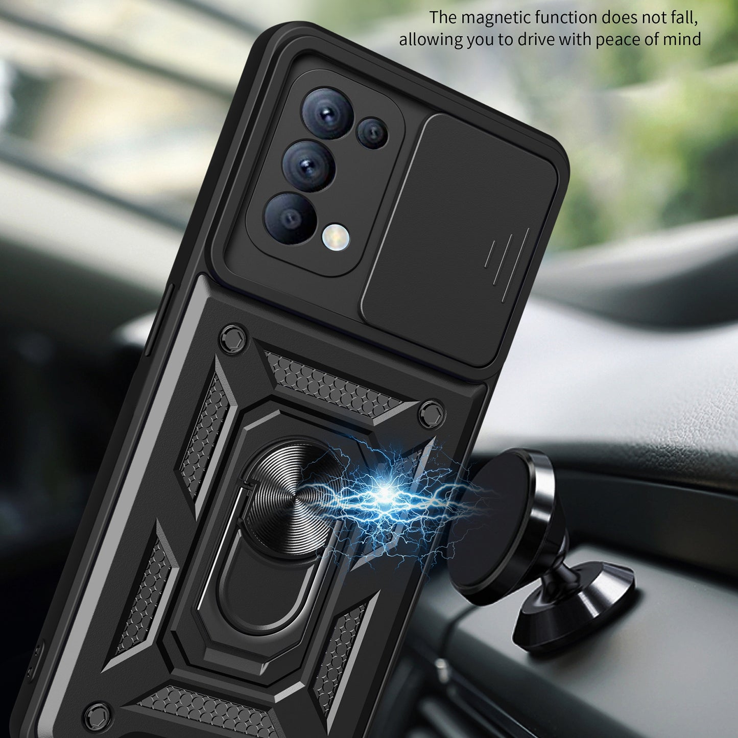 OPPO Reno5 4G Sliding Camera Cover Magnetic Ring Stand Shockproof TPU + PC Protective Phone Case