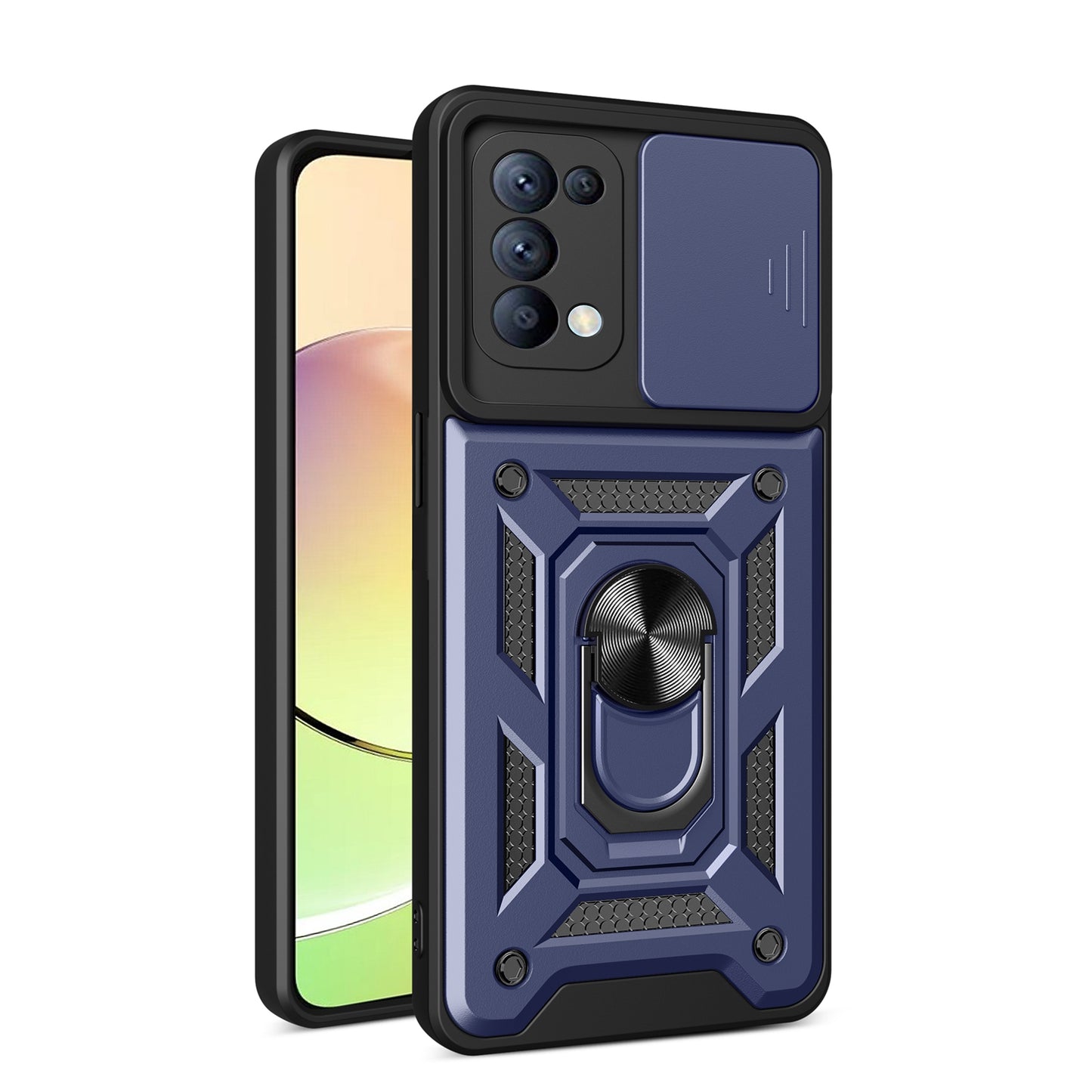OPPO Reno5 4G Sliding Camera Cover Magnetic Ring Stand Shockproof TPU + PC Protective Phone Case