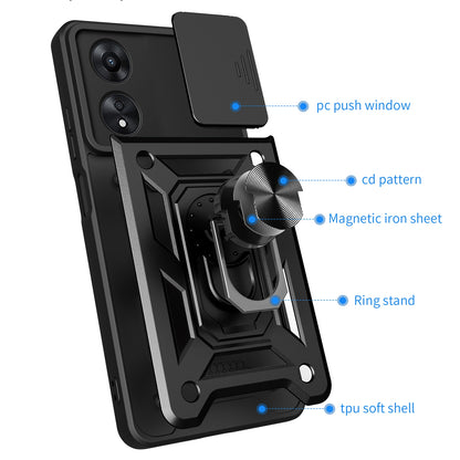 OPPO A58 4G Sliding Camera Cover Magnetic Ring Stand Shockproof TPU + PC Protective Phone Case