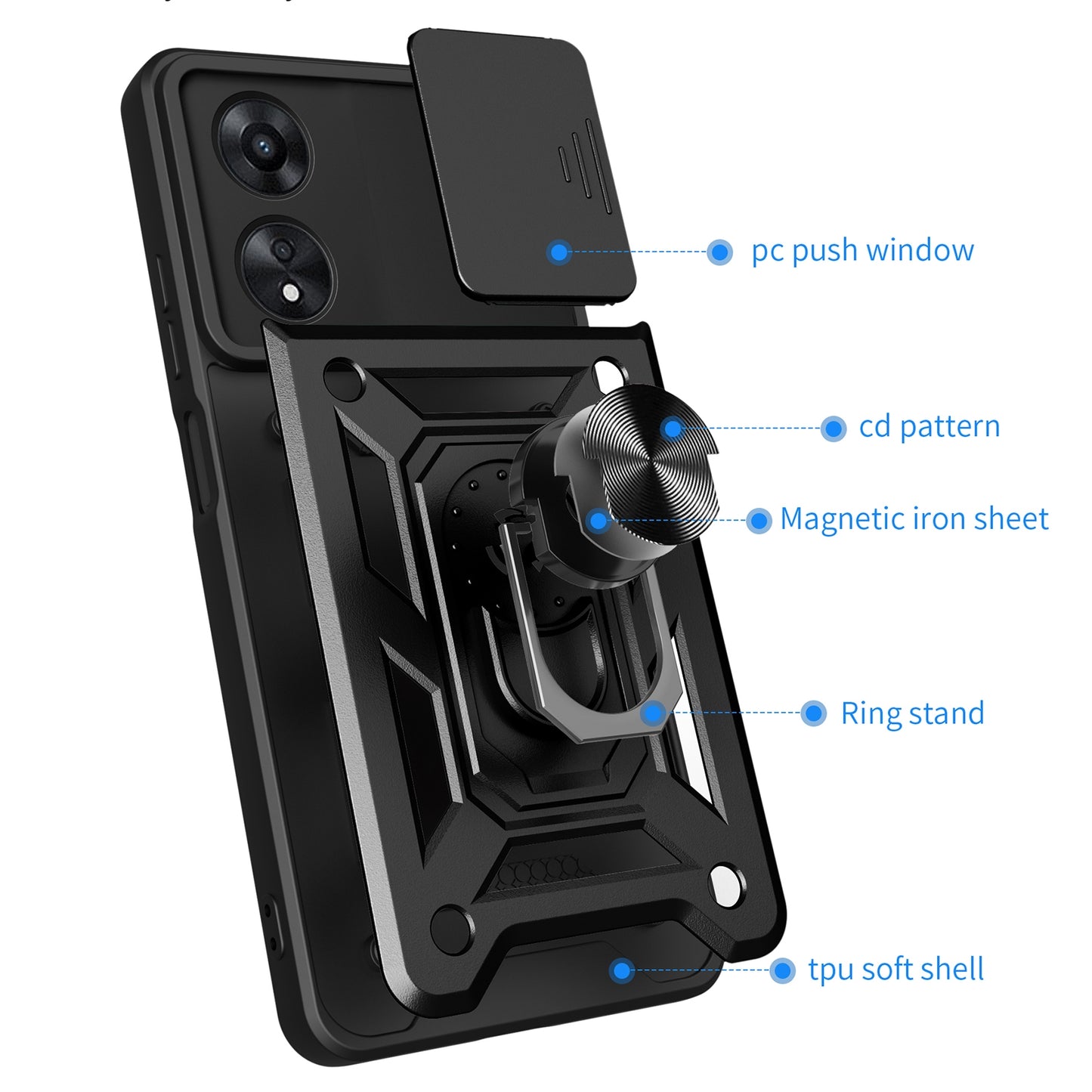 OPPO A58 4G Sliding Camera Cover Magnetic Ring Stand Shockproof TPU + PC Protective Phone Case