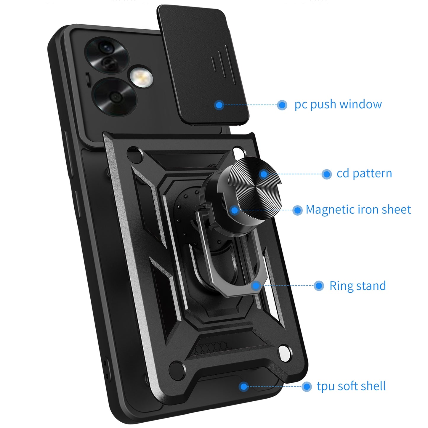 OPPO A79 5G Sliding Camera Cover Magnetic Ring Stand Shockproof TPU + PC Protective Phone Case