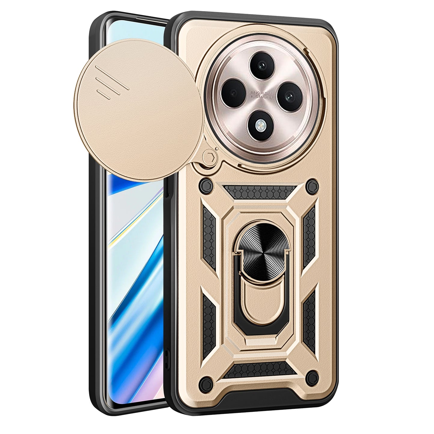 OPPO Reno12 F 5G Sliding Camera Cover Magnetic Ring Stand Shockproof TPU + PC Protective Phone Case