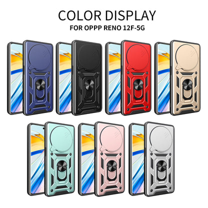 OPPO Reno12 F 5G Sliding Camera Cover Magnetic Ring Stand Shockproof TPU + PC Protective Phone Case
