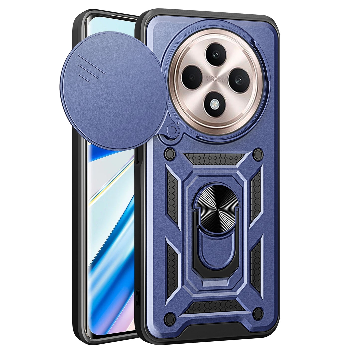 OPPO Reno12 F 5G Sliding Camera Cover Magnetic Ring Stand Shockproof TPU + PC Protective Phone Case
