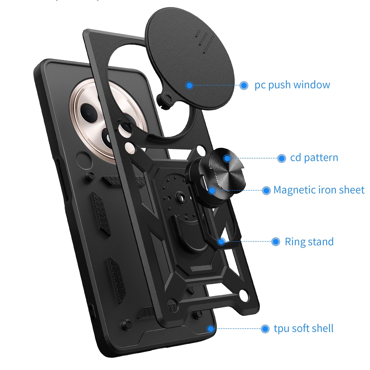 OPPO Reno12 F 5G Sliding Camera Cover Magnetic Ring Stand Shockproof TPU + PC Protective Phone Case