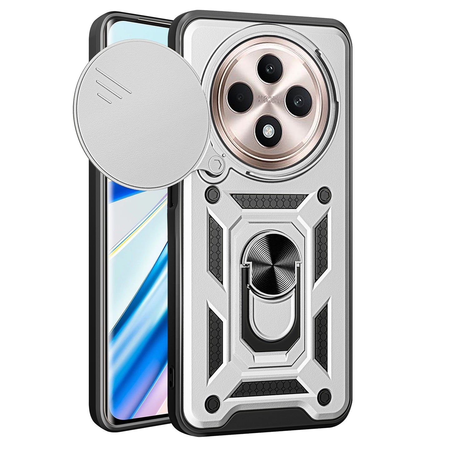 OPPO Reno12 F 5G Sliding Camera Cover Magnetic Ring Stand Shockproof TPU + PC Protective Phone Case
