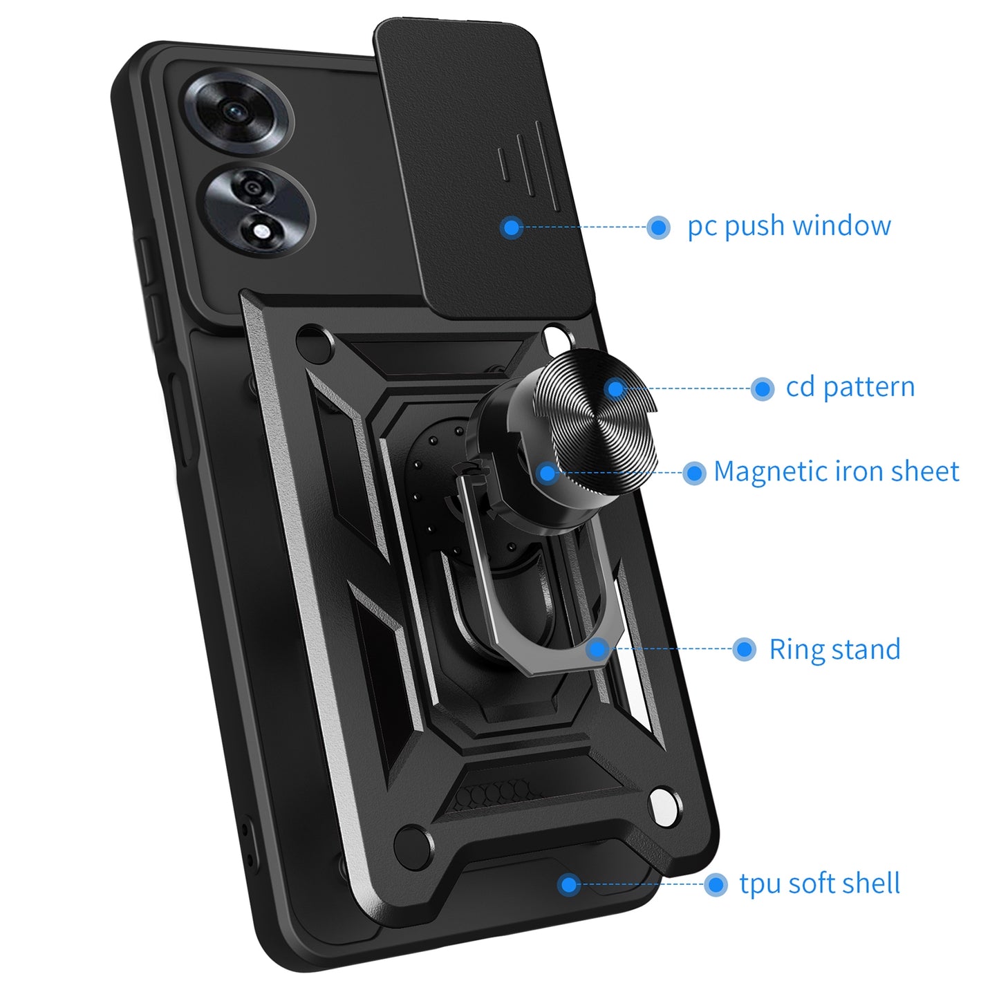 OPPO A60 4G Sliding Camera Cover Magnetic Ring Stand Shockproof TPU + PC Protective Phone Case